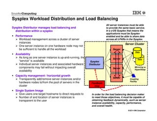 © 2014 IBM Corporation© 2014 IBM Corporation
Sysplex Workload Distribution and Load Balancing
Sysplex Distributor manages load balancing and
distribution within a sysplex
Performance
Workload management across a cluster of server
instances
One server instance on one hardware node may not
be sufficient to handle all the workload
Availability
As long as one server instance is up-and-running, the
“service” is available
Individual server instances and associated hardware
components may fail without impacting overall
availability
Capacity management / horizontal growth
Transparently add/remove server instances and/or
hardware nodes to/from the pool of servers in the
cluster
Single System Image
Give users one target hostname to direct requests to
Number of and location of server instances is
transparent to the user
Server
Server
Server
Server
Sysplex
Distibutor
All server instances must be able
to provide the same basic service.
In a z/OS Sysplex that means the
applications must be Sysplex-
enabled and be able to share data
across all LPARs in the Sysplex.
In order for the load balancing decision maker
to meet those objectives, it must be capable of
obtaining feedback dynamically, such as server
instance availability, capacity, performance,
and overall health.
Feedback
loop
Server Cluster
Data
Data
Mirroring w.
HyperSwap
Coupling
Facility
 