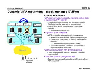 © 2014 IBM Corporation© 2014 IBM Corporation
Dynamic VIPA Support
VIPAs can survive any outage by moving to another stack
in Sysplex via VIPA Takeover
Another application instance can pick up workload or
Application can be restarted on takeover stack
Connections broken but Reset sent to client upon
takeover
• Significantly reduces down time
Dynamic VIPA Takeback
VIPA moves back to recovered primary owner
• New Connections Handled By Primary Owner again
• Connections Established To Backup are allowed to
continue
Data forwarded from primary owner to backup
• Allows Movement Of Application Server Without
Impacting Existing Workload
Works in conjunction with dynamic routing
OSPF (implemented by the z/OS OMPROUTE daemon)
recommended
Useful for planned outages as well
Operator commands allow you to move Dynamic VIPAs
non-disruptively
Network
COUPLING
FACILITY
VIPA
192.168.253.1
VIPA
192.168.253.2
VIPA
192.168.253.3
VIPA
192.168.253.4 VIPA
192.168.253.5
VIPA
192.168.253.6
192.168.253.4
Cached IP
address
1 2
Dynamic VIPA movement – stack managed DVIPAs
 