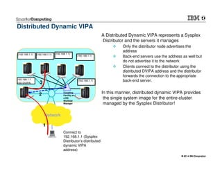 © 2014 IBM Corporation© 2014 IBM Corporation
A Distributed Dynamic VIPA represents a Sysplex
Distributor and the servers it manages
Only the distributor node advertises the
address
Back-end servers use the address as well but
do not advertise it to the network
Clients connect to the distributor using the
distributed DVIPA address and the distributor
forwards the connection to the appropriate
back-end server.
In this manner, distributed dynamic VIPA provides
the single system image for the entire cluster
managed by the Sysplex Distributor!
Network
Coupling
Facility and
z/OS
Worklod
Manager
192.168.1.1
(SD DVIPA)
(192.168.1.1) (192.168.1.1) (192.168.1.1)
(192.168.1.1)
(192.168.1.1)
Connect to
192.168.1.1 (Sysplex
Distributor’s distributed
dynamic VIPA
address)
1
2
3
Distributed Dynamic VIPA
 