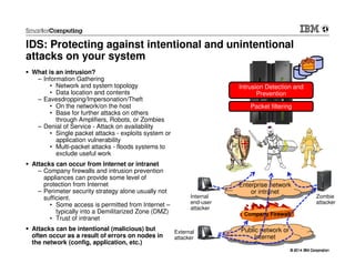 © 2014 IBM Corporation© 2014 IBM Corporation
IDS: Protecting against intentional and unintentional
attacks on your system
Intrusion Detection and
Prevention
Packet filtering
Enterprise network
or intranet
Enterprise network
or intranet
Public network or
Internet
Public network or
Internet
Zombie
attacker
Internal
end-user
attacker
External
attacker
Company Firewall
What is an intrusion?
– Information Gathering
• Network and system topology
• Data location and contents
– Eavesdropping/Impersonation/Theft
• On the network/on the host
• Base for further attacks on others
through Amplifiers, Robots, or Zombies
– Denial of Service - Attack on availability
• Single packet attacks - exploits system or
application vulnerability
• Multi-packet attacks - floods systems to
exclude useful work
Attacks can occur from Internet or intranet
– Company firewalls and intrusion prevention
appliances can provide some level of
protection from Internet
– Perimeter security strategy alone usually not
sufficient.
• Some access is permitted from Internet –
typically into a Demilitarized Zone (DMZ)
• Trust of intranet
Attacks can be intentional (malicious) but
often occur as a result of errors on nodes in
the network (config, application, etc.)
 