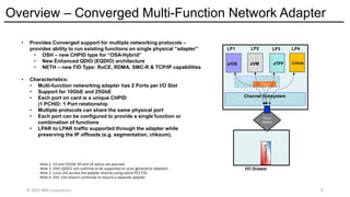 Overview – Converged Multi-Function Network Adapter
© 2025 IBM Corporation 6
• Provides Converged support for multiple networking protocols –
provides ability to run existing functions on single physical “adapter”
• OSH – new CHPID type for “OSA-Hybrid”
• New Enhanced QDIO (EQDIO) architecture
• NETH – new FID Type: RoCE, RDMA, SMC-R & TCP/IP capabilities
• Characteristics:
• Multi-function networking adapter has 2 Ports per I/O Slot
• Support for 10GbE and 25GbE
• Each port on card is a unique CHPID
(1 PCHID: 1 Port relationship
• Multiple protocols can share the same physical port
• Each port can be configured to provide a single function or
combination of functions
• LPAR to LPAR traffic supported through the adapter while
preserving the IP offloads (e.g. segmentation, chksum).
I/O Drawer
PCIe
Switch
LP1 LP2
Channel Subsystem
LP3
zTPF
z/OS zVM
OSH/RoCE
Linux
LP4
Z CP
Z IO
Note 1. 10 and 25GbE SR and LR optics are planned
Note 2. OSD (QDIO) will continue to be supported on prior generation adapters
Note 3. Linux will access the adapter directly using native PCI FID.
Note 4. OSC (not shown) continues to require a separate adapter.
 