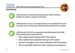 IBM z/OS Connect Enterprise Edition V2.0
24 © 2015, IBM Corporation
Summary
z/OS Connect is a mechanism that provides a REST interface
platform to z/OS as a Systems of Record.
z/OS Connect V1 was a no-charge feature; it was adequate for some
use-bases but for others key functional enhancement were needed.
z/OS Connect EE V2.0 is a separately orderable product from IBM
that provides those enhancements:
• More sophisticated handling of REST URIs patterns
• More sophisticated workstation tooling for API creation
• Inclusion of Swagger 2.0 for wider publication of API descriptions
• APIs as exportable artifacts for better deployment management
 