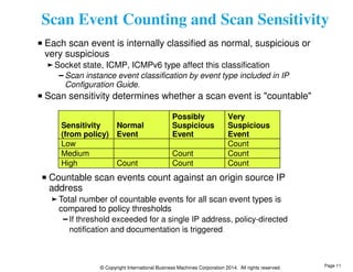 Scan Event Counting and Scan Sensitivity 
Each scan event is internally classified as normal, suspicious or 
very suspicious 
Socket state, ICMP, ICMPv6 type affect this classification 
Scan instance event classification by event type included in IP 
Configuration Guide. 
Scan sensitivity determines whether a scan event is "countable" 
Sensitivity 
(from policy) 
Normal 
Event 
Possibly 
Suspicious 
Event 
Very 
Suspicious 
Event 
Low Count 
Medium Count Count 
High Count Count Count 
Countable scan events count against an origin source IP 
address 
Total number of countable events for all scan event types is 
compared to policy thresholds 
If threshold exceeded for a single IP address, policy-directed 
notification and documentation is triggered 
© Copyright International Business Machines Corporation 2014. All rights reserved. 
Page 11 
 