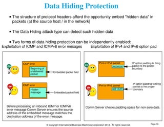Data Hiding Protection 
The structure of protocol headers afford the opportunity embed "hidden data" in 
packets (at the source host / in the network) 
The Data Hiding attack type can detect such hidden data 
Two forms of data hiding protection can be independently enabled: 
Exploitation of ICMP and ICMPv6 error mesages Exploitation of IPv4 and IPv6 option pad 
ICMP error 
ICMP error 
Before processing an inbound ICMP or ICMPv6 
error message Comm Server ensures the source 
address of the embedded message matches the 
destination address of the error message. 
IPv4 or IPv6 packet 
© Copyright International Business Machines Corporation 2014. All rights reserved. 
IP option padding to bring 
packet to the proper 
boundary 
Comm Server checks padding space for non-zero data. 
Beginning of 
undelivered 
packet 
Hidden 
message 
IP option padding to bring 
packet to the proper 
boundary 
IPv4 or IPv6 packet 
00000000 
00F1F2F3 
Embedded packet field 
Embedded packet field 
Page 18 
 