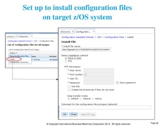 Set up to install configuration files 
on target z/OS system 
© Copyright International Business Machines Corporation 2014. All rights reserved. 
Page 66 
 