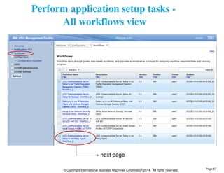 Perform application setup tasks - 
All workflows view 
next page 
© Copyright International Business Machines Corporation 2014. All rights reserved. 
Page 67 
 