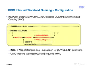 © 2014 IBM Corporation
Page 40
QDIO Inbound Workload Queuing – Configuration
INBPERF DYNAMIC WORKLOADQ enables QDIO Inbound Workload
Queuing (IWQ)
>>-INTERFace--intf_name----------------------------------------->
.
.-INBPERF BALANCED--------------------.
>--+-------------------------------------+-->
| .-NOWORKLOADQ-. |
‘-INBPERF-+-DYNAMIC-+-------------+-+-’
| ‘-WORKLOADQ---’ |
+-MINCPU------------------+
‘-MINLATENCY--------------’
– INTERFACE statements only - no support for DEVICE/LINK definitions
– QDIO Inbound Workload Queuing requires VMAC
 