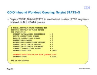 © 2014 IBM Corporation
Page 45
QDIO Inbound Workload Queuing: Netstat STATS/-S
Display TCPIP,,Netstat,STATS to see the total number of TCP segments
received on BULKDATA queues
D TCPIP,,NETSTAT,STATS,PROTOCOL=TCP
EZD0101I NETSTAT CS V1R12 TCPCS1
TCP STATISTICS
CURRENT ESTABLISHED CONNECTIONS = 6
ACTIVE CONNECTIONS OPENED = 1
PASSIVE CONNECTIONS OPENED = 5
CONNECTIONS CLOSED = 5
ESTABLISHED CONNECTIONS DROPPED = 0
CONNECTION ATTEMPTS DROPPED = 0
CONNECTION ATTEMPTS DISCARDED = 0
TIMEWAIT CONNECTIONS REUSED = 0
SEGMENTS RECEIVED = 38611
...
SEGMENTS RECEIVED ON OSA BULK QUEUES= 2169
SEGMENTS SENT = 2254
...
END OF THE REPORT
 
