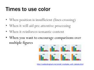 Times to use color
•  When position is insufficient (lines crossing)
•  When it will aid pre-attentive processing
•  When it reinforces semantic content
•  When you want to encourage comparisons over
multiple figures
http://vallandingham.me/small_multiples_with_details.html
 