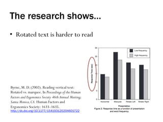 The research shows…
•  Rotated text is harder to read
Byrne, M. D. (2002). Reading vertical text:
Rotated vs. marquee. In Proceedings of the Human
Factors and Ergonomics Society 46th Annual Meeting;
Santa Monica,CA. Human Factors and
Ergonomics Society: 1633–1635.
http://dx.doi.org/10.1177/154193120204601722
 