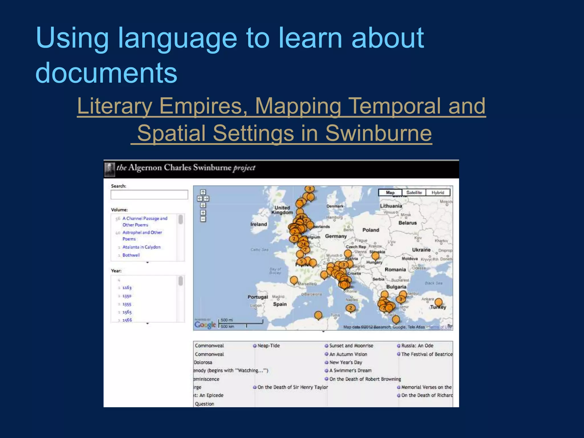 Using language to learn about
documents
   Literary Empires, Mapping Temporal and
         Spatial Settings in Swinburne
 