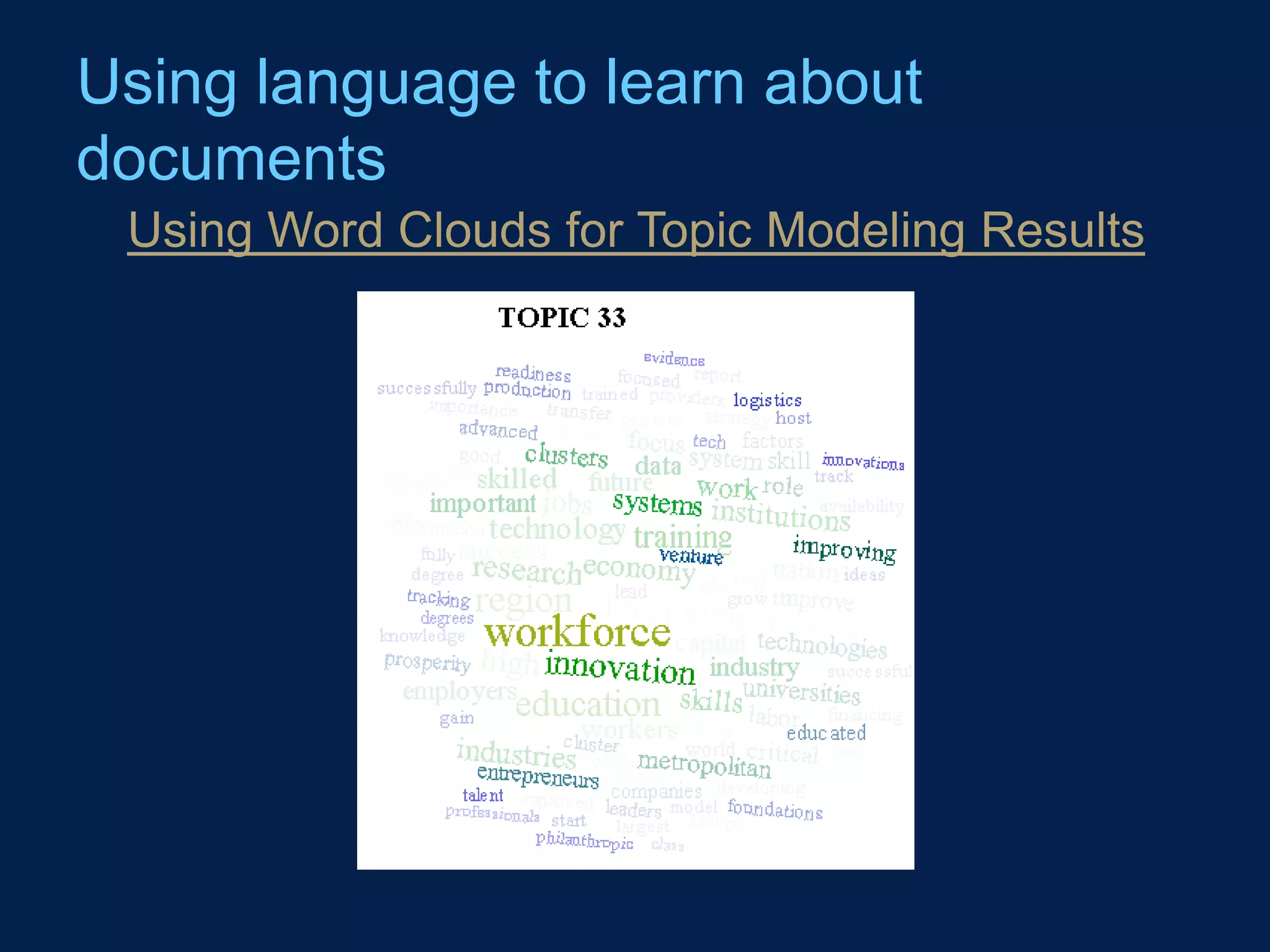 Using language to learn about
documents
 Using Word Clouds for Topic Modeling Results
 