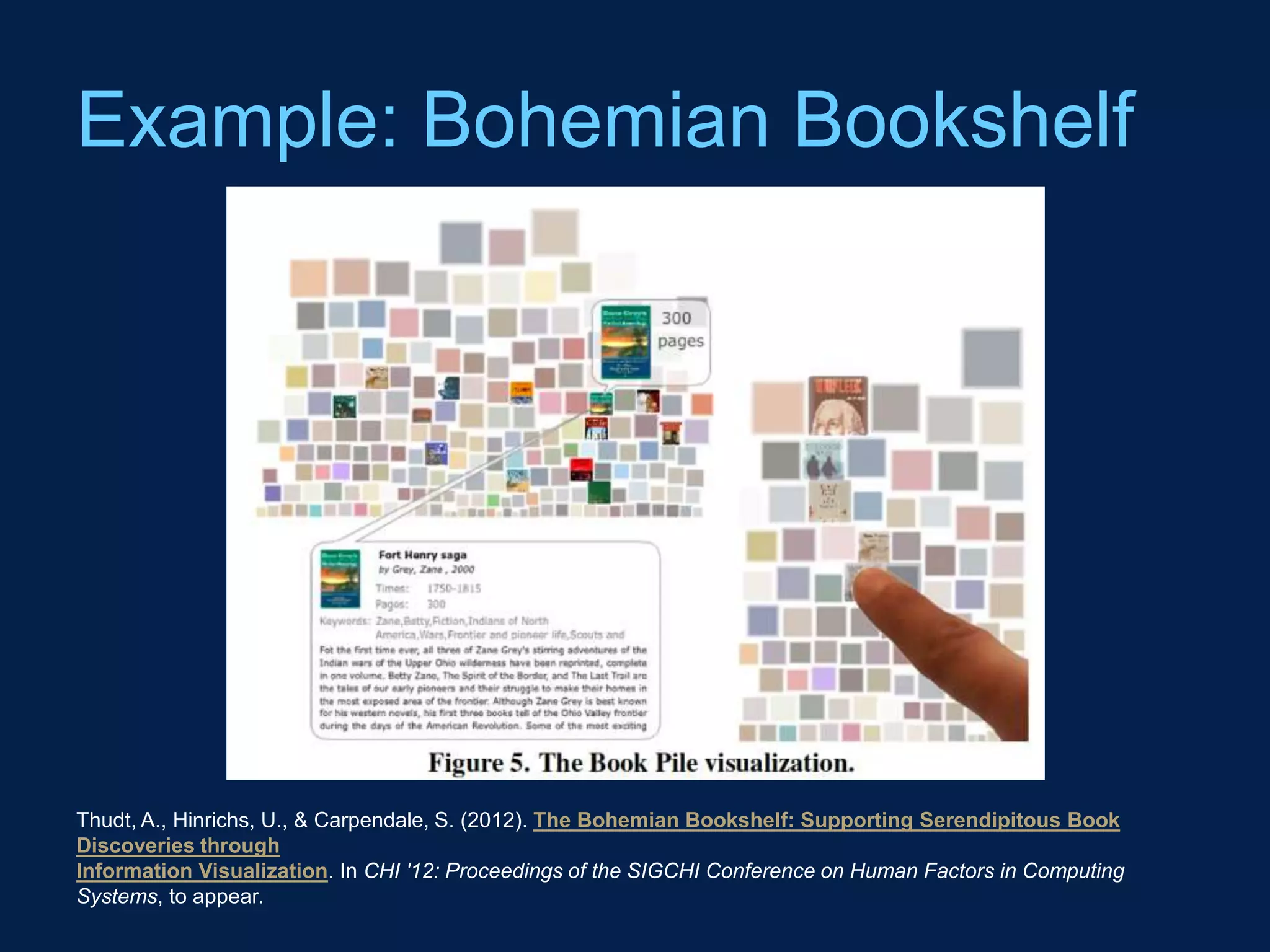 Example: Bohemian Bookshelf




Thudt, A., Hinrichs, U., & Carpendale, S. (2012). The Bohemian Bookshelf: Supporting Serendipitous Book
Discoveries through
Information Visualization. In CHI '12: Proceedings of the SIGCHI Conference on Human Factors in Computing
Systems, to appear.
 