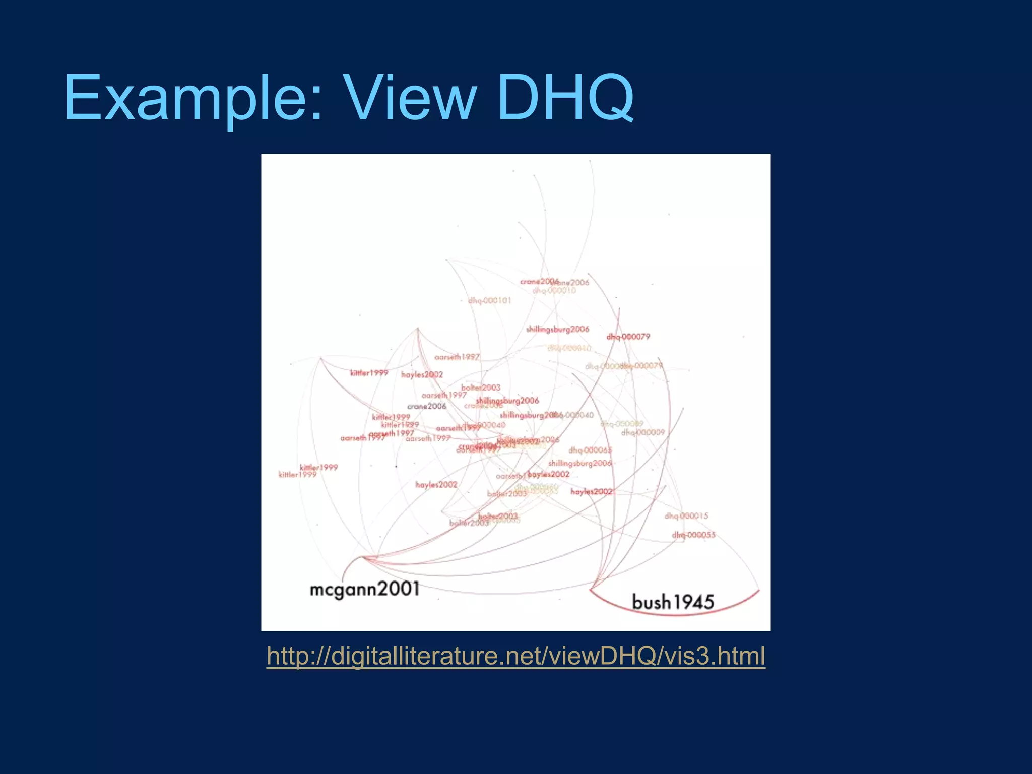 Example: View DHQ




      http://digitalliterature.net/viewDHQ/vis3.html
 