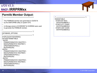 © 2018 IBM Corporation8
Parmlib Member Output:
/* --------------------------------------------------------------
--
-- This PARMLIB member was generated on 02/05/18
-- by the DSNT2PRM utility on system ST6.
--
-- In-Storage version of ICHRDSNT & ICHRRNG were used
-- to generate this PARMLIB member.
--
-------------------------------------------------------------- */
DATABASE_OPTIONS
/* ----------------------------------------------------------- */
SYSPLEX(DATASHARING)
DATASETNAMETABLE
ENTRY
PRIMARYDSN('SYS1.RACFP01')
BACKUPDSN('SYS1.RACFB01')
UPDATEBACKUP(ALL)
BUFFERS(255)
ENTRY
PRIMARYDSN('SYS1.RACFP02')
BACKUPDSN('SYS1.RACFB02')
UPDATEBACKUP(ALL)
BUFFERS(255)
ENTRY
PRIMARYDSN('SYS1.RACFP03')
BACKUPDSN('SYS1.RACFB03')
UPDATEBACKUP(ALL)
BUFFERS(255)
z/OS V2.3:
RACF: IRRPRMxx
/* ----------------------------------------------------------- */
RANGETABLE
START('00' HEX)
ENTRYNUMBER(1)
START('U71' CHAR)
ENTRYNUMBER(2)
START('U80' CHAR)
ENTRYNUMBER(3)
 