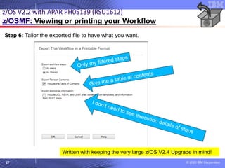 © 2020 IBM Corporation
27
Step 6: Tailor the exported file to have what you want.
z/OS V2.2 with APAR PH05139 (RSU1612)
z/OSMF: Viewing or printing your Workflow
Written with keeping the very large z/OS V2.4 Upgrade in mind!
 