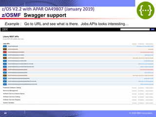 © 2020 IBM Corporation
40
z/OS V2.2 with APAR OA49807 (January 2019)
z/OSMF Swagger support
Example : Go to URL and see what is there. Jobs APIs looks interesting…
 