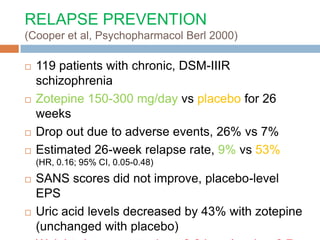 RELAPSE PREVENTION
(Cooper et al, Psychopharmacol Berl 2000)

   119 patients with chronic, DSM-IIIR
    schizophrenia
   Zotepine 150-300 mg/day vs placebo for 26
    weeks
   Drop out due to adverse events, 26% vs 7%
   Estimated 26-week relapse rate, 9% vs 53%
    (HR, 0.16; 95% CI, 0.05-0.48)
   SANS scores did not improve, placebo-level
    EPS
   Uric acid levels decreased by 43% with zotepine
    (unchanged with placebo)
 