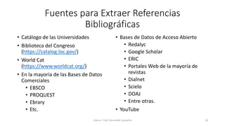 Fuentes para Extraer Referencias
Bibliográficas
• Catálogo de las Universidades
• Biblioteca del Congreso
(https://catalog.loc.gov/)
• World Cat
(https://www.worldcat.org/)
• En la mayoría de las Bases de Datos
Comerciales
• EBSCO
• PROQUEST
• Ebrary
• Etc.
• Bases de Datos de Acceso Abierto
• Redalyc
• Google Scholar
• ERIC
• Portales Web de la mayoría de
revistas
• Dialnet
• Scielo
• DOAJ
• Entre otras.
• YouTube
Zotero - Prof. Gerinaldo Camacho 18
 