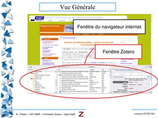 R. Thibert – VST-INRP – Formation Zotero – Sept 2009 Présentation - 2 Licence CC BY-SA Synchronisation entre plusieurs postes 
