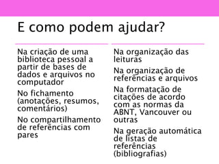 E como podem ajudar?
Na criação de uma
biblioteca pessoal a
partir de bases de
dados e arquivos no
computador
No fichamento
(anotações, resumos,
comentários)
No compartilhamento
de referências com
pares
Na organização das
leituras
Na organização de
referências e arquivos
Na formatação de
citações de acordo
com as normas da
ABNT, Vancouver ou
outras
Na geração automática
de listas de
referências
(bibliografias)
 