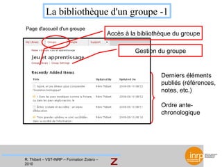 La bibliothèque d'un groupe -1 Page d'accueil d'un groupe Accès à la bibliothèque du groupe Gestion du groupe Derniers élé...