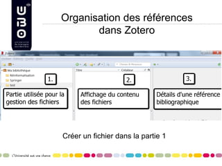 Organisation des références
dans Zotero
Créer un fichier dans la partie 1
 