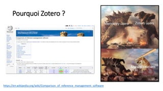 Pourquoi Zotero ?
https://en.wikipedia.org/wiki/Comparison_of_reference_management_software
 