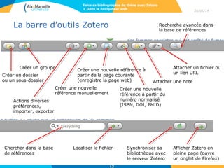 Faire sa bibliographie de thèse avec Zotero
> Dans le navigateur web

La barre d’outils Zotero

Créer un groupe
Créer un dossier
ou un sous-dossier

Recherche avancée dans
la base de références

Créer une nouvelle référence à
partir de la page courante
(enregistre la page web)

Créer une nouvelle
référence manuellement

Attacher un fichier ou
un lien URL
Attacher une note

Créer une nouvelle
référence à partir du
numéro normalisé
(ISBN, DOI, PMID)

Actions diverses:
préférences,
importer, exporter

Chercher dans la base
de références

28/01/14

Localiser le fichier

12

Synchroniser sa
bibliothèque avec
le serveur Zotero

Afficher Zotero en
pleine page (ouvre
un onglet de Firefox)

 