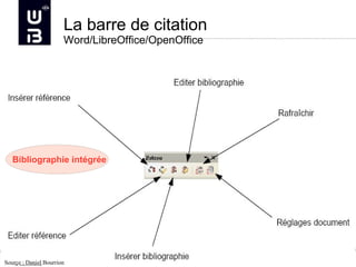 La barre de citation
                       Word/LibreOffice/OpenOffice




   Bibliographie intégrée




               Màj novembre 2012 Université de Bretagne Occidentale – Service Commun de documentation
Source : Daniel Bourrion
                                                                                                        63
 