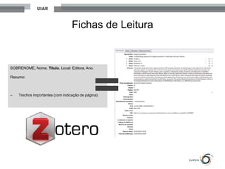 SOBRENOME, Nome. Título. Local: Editora, Ano.
Resumo:
‒ Trechos importantes (com indicação de página):
Fichas de Leitura
 