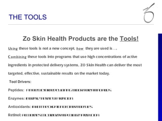 THE TOOLS


         Zo Skin Health Products are the Tools!
Us ing thes e tools is not a new c onc ept, how they are us ed is ….

C ombining thes e tools into programs that us e high c onc entrations of ac tive

ingredients in protec ted delivery s ys tems , ZO S kin Health c an deliver the mos t

targeted, effec tive, s us tainable res ults on the market today.

Tool Drivers:

Peptides: a o c lf m db j in too m r a in aid
           m l u o e yo g w r oe m o c s
             e e r       in

Enzymes: in rae h rt o a ec n
           ces te a f rat
                   e       io

Antioxidants: in ib te x a n f te m l u s
                h ith oid t o oh r o c l
                          io        e e

Retinol: acla s e troe a dc lg n rd c n
          ce rt clun vr n oa e po u t
            e e l           l        io
 