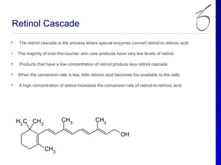 Retinol Cascade
•   The retinol cascade is the process where special enzymes convert retinol to retinoic acid

•   The majority of over-the-counter skin care products have very low levels of retinol

•   Products that have a low concentration of retinol produce less retinol cascade

•   When the conversion rate is low, little retinoic acid becomes bio-available to the cells

•   A high concentration of retinol increases the conversion rate of retinol-to-retinoic acid
 