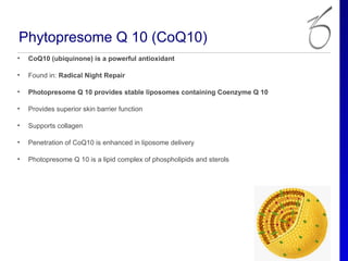 Phytopresome Q 10 (CoQ10)
•   CoQ10 (ubiquinone) is a powerful antioxidant

•   Found in: Radical Night Repair

•   Photopresome Q 10 provides stable liposomes containing Coenzyme Q 10

•   Provides superior skin barrier function

•   Supports collagen

•   Penetration of CoQ10 is enhanced in liposome delivery

•   Photopresome Q 10 is a lipid complex of phospholipids and sterols
 