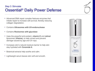 Step 3: Stimulate

Ossential® Daily Power Defense
• Advanced DNA repair complex features enzymes that
  initiate repair to increase cell survival, thereby reducing
  collagen degradation.

• Contains Ultrasomes with UV-endonuclease

• Contains Roxisomes with glycolase

• Uses the powerful anti-oxidant, vitamin E and retinol
  liposomes (Vitaine), to help correct and prevent
  damage caused by age and UV rays.

• Increases skin’s natural moisture barrier to help skin
  stay hydrated with Ceremide 6.

• Botanical extracts help soothe and calm.

• Lightweight serum leaves skin soft and smooth.
 