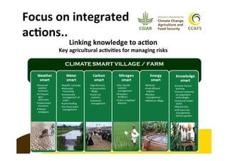 Focus	
  on	
  integrated	
  
acCons..	
  
Linking	
  knowledge	
  to	
  acCon	
  
Key	
  agricultural	
  acCviCes	
  for	
  managing	
  risks	
  
 