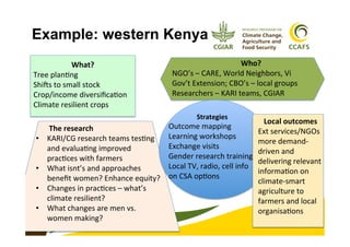 9
What?	
  
Tree	
  plan2ng	
  	
  
ShiTs	
  to	
  small	
  stock	
  
Crop/income	
  diversiﬁca2on	
  
Climate	
  resilient	
  crops	
  
Who?	
  
NGO’s	
  –	
  CARE,	
  World	
  Neighbors,	
  Vi	
  	
  
Gov’t	
  Extension;	
  CBO’s	
  –	
  local	
  groups	
  
Researchers	
  –	
  KARI	
  teams,	
  CGIAR	
  
Strategies	
  
Outcome	
  mapping	
  
Learning	
  workshops	
  
Exchange	
  visits	
  
Gender	
  research	
  training	
  
Local	
  TV,	
  radio,	
  cell	
  info	
  
on	
  CSA	
  op2ons	
  
	
  
	
  	
  	
  	
  	
  	
  	
  The	
  research	
  
•  KARI/CG	
  research	
  teams	
  tes2ng	
  
and	
  evalua2ng	
  improved	
  
prac2ces	
  with	
  farmers	
  
•  What	
  isnt’s	
  and	
  approaches	
  
beneﬁt	
  women?	
  Enhance	
  equity?	
  
•  Changes	
  in	
  prac2ces	
  –	
  what’s	
  
climate	
  resilient?	
  
•  What	
  changes	
  are	
  men	
  vs.	
  
women	
  making?	
  
Local	
  outcomes	
  
Ext	
  services/NGOs	
  
more	
  demand-­‐
driven	
  and	
  
delivering	
  relevant	
  
informa2on	
  on	
  
climate-­‐smart	
  	
  
agriculture	
  to	
  
farmers	
  and	
  local	
  
organisa2ons	
  
Example: western Kenya
 