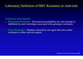 Laboratory Definition of HBV Resistance to Antivirals


Laboratory Investigations
• Phenotypic Resistance: Decreased susceptibility (in vitro testing) to
  inhibition by anti-viral drugs associated with genotypic resistance.

• Cross Resistance: Mutants selected by one agent that also confer
  resistance to other antiviral agents




                                                    Zoulim et al; Future Virology 2006
 
