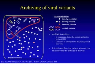 Archiving of viral variants
                                                                                    Viral quasispecies
                  Liver
                                                                                             Majority population
                                                                                             Minority variants
                                                                                             Resistant variants

                                                                                             cccDNA variants


                                                                           •    cccDNA in the liver:
                                                                                –     Is propagated during the normal replication
                                                                                      cycle of HBV
                                                                                –     Can serve as a template for the production of
                                                                                      new virus

                                                                           •    It is believed that viral variants with antiviral
                                                                                resistance may be archived in this way


           Blood circulation

Zhou et al, AAC 1999; Zoulim F. Antivir Res. 2004. Zoulim F & Perillo R. J Hepatol. 2008
 