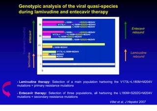 Genotypic analysis of the viral quasi-species
 during lamivudine and entecavir therapy

                                                             L180M+A181G+S202G+M204V
                                        36              V173L+P177S+L180M+S202G+M204V
                                                                    L180M+S202G+M204V
   Treatment (months)
                           entecavir                                                                              Entecavir
                                                              L180M+A181G+S202G+M204V                             rebound
                                                    V173L+P177S+L180M+S202G+M204V
                                        34          I169L+L180M+S202G+M204V
                                                                    L180M+S202G+M204V
                                        1
                                                          V173L+L180M+M204V
                                       11
                                                    L180M+M204V

                                                        V173L+L180M+M204V
                                                                                                                 Lamivudine
                        lamivudine




                                                  L180M+M204V
                                       27/0             M204V                                                     rebound
                                                       wt

                                         0                            wt


                                              0        20          40           60          80     100
                                                            % clones in the quasi-species


- Lamivudine therapy: Selection of a main population harboring the V173L+L180M+M204V
mutations = primary resistance mutations

- Entecavir therapy: Selection of three populations, all harboring the L180M+S202G+M204V
mutations = secondary resistance mutations
                                                                                                 Villet et al, J Hepatol 2007
 