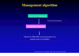 Management algorithm

      Antiviral treatment
                                      Viral load asssessment


    Treatment response



 Check for HBe/HBs seroconversion on a
        regular basis (6 monthly)




             Zoulim and Perrillo, J Hepatol, 2008; EASL CPG J Hepatol 2009
 