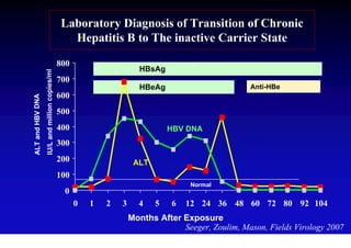 Laboratory Diagnosis of Transition of Chronic
                                                 Hepatitis B to The inactive Carrier State

                                               800
                                                                       HBsAg         ``
                  IU/L and million copies/ml



                                               700
                                                                       HBeAg                        Anti-HBe
                                               600
ALT and HBV DNA




                                               500
                                               400                              HBV DNA
                                               300
                                               200                    ALT
                                               100
                                                                                     Normal
                                                0
                                                     0   1   2   3     4    5   6   12 24 36 48 60 72 80 92 104
                                                                     Months After Exposure
                                                                                  Seeger, Zoulim, Mason, Fields Virology 2007
 