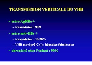 TRANSMISSION VERTICALE DU VHB

• mère AgHBe +
  – transmission : 90%
• mère anti-HBe +
  – transmission : 10-20%
  – VHB muté pré-C (-) : hépatites fulminantes
• chronicité chez l’enfant : 90%
 