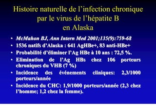 Histoire naturelle de l’infection chronique
            par le virus de l’hépatite B
                     en Alaska
• McMahon BJ, Ann Intern Med 2001;135(9):759-68
• 1536 natifs d’Alaska : 641 AgHBe+, 83 anti-HBe+
• Probabilité d’éliminer l’Ag HBe à 10 ans : 72,5 %.
• Elimination de l’Ag HBs chez 106 porteurs
  chroniques du VHB (7 %)
• Incidence des événements cliniques: 2,3/1000
  porteurs/année
• Incidence du CHC: 1,9/1000 porteurs/année (2,3 chez
  l’homme; 1,2 chez la femme).
 