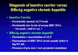 Diagnosis of inactive carrier versus
 HBeAg negative chronic hepatitis
• Inactive Carrier
  – Persistently normal ALT levels
  – Persistently low levels of serum HBV DNA
     • Threshold : 2,000 IU/ mL ?
• HBeAg negative chronic hepatitis
  – Fluctuation / exacerbation of ALT
  – Fluctuations of HBV DNA levels usually below 6
    log IU/ mL
  – Presence of pre-core / core promoter mutations
 
