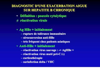 DIAGNOSTIC D'UNE EXACERBATION AIGUE
     SUR HEPATITE B CHRONIQUE
  • Définition : poussée cytolytique
  ≠ réactivation virale

  • Ag HBe + initialement
     – rupture de tolérance immunitaire
     – séroconversion anti-HBe
     – très fréquent chez patients asiatiques
  • Anti-HBe + initialement
     – réactivation virus sauvage : -> AgHBe +
     – réactivation virus muté pré-C (-)
     – corticothérapie
     – surinfection delta / VHC
 