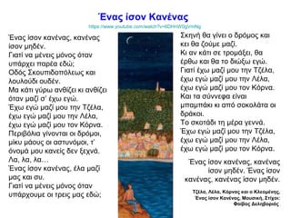 Ένας ίσον Κανένας
https://www.youtube.com/watch?v=6DHnW0gVmNg
Ένας ίσον κανένας, κανένας
ίσον μηδέν.
Γιατί να μένεις μόνος όταν
υπάρχει παρέα εδώ;
Οδός Σκουπιδοπόλεως και
λουλούδι ουδέν.
Μα κάτι γύρω ανθίζει κι ανθίζει
όταν μαζί σ’ έχω εγώ.
Έχω εγώ μαζί μου την Τζέλα,
έχω εγώ μαζί μου την Λέλα,
έχω εγώ μαζί μου τον Κόρνα.
Περιβόλια γίνονται οι δρόμοι,
μίκυ μάους οι αστυνόμοι, τ’
όνομά μου κανείς δεν ξεχνά.
Λα, λα, λα…
Ένας ίσον κανένας, έλα μαζί
μας και συ.
Γιατί να μένεις μόνος όταν
υπάρχουμε οι τρεις μας εδώ;
Σκηνή θα γίνει ο δρόμος και
κει θα ζούμε μαζί.
Κι αν κάτι σε τρομάξει, θα
έρθω και θα το διώξω εγώ.
Γιατί έχω μαζί μου την Τζέλα,
έχω εγώ μαζί μου την Λέλα,
έχω εγώ μαζί μου τον Κόρνα.
Και τα σύννεφα είναι
μπαμπάκι κι από σοκολάτα οι
δράκοι.
Το σκοτάδι τη μέρα γεννά.
Έχω εγώ μαζί μου την Τζέλα,
έχω εγώ μαζί μου την Λέλα,
έχω εγώ μαζί μου τον Κόρνα.
Ένας ίσον κανένας, κανένας
ίσον μηδέν. Ένας ίσον
κανένας, κανένας ίσον μηδέν.
Τζέλα, Λέλα, Κόρνας και ο Κλεομένης,
Ένας ίσον Κανένας, Μουσική, Στίχοι:
Φοίβος Δεληβοριάς
 