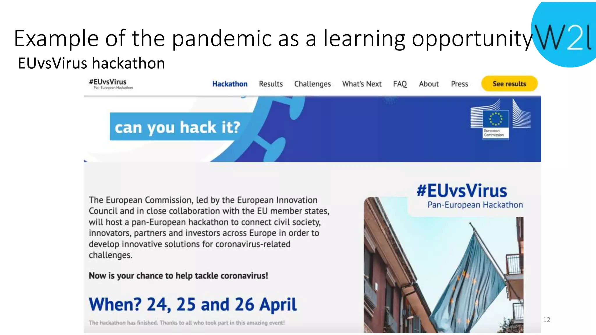 Webinar in online teaching, 27th April, 4th & 7th of May 2020
Example of the pandemic as a learning opportunity
EUvsVirus hackathon
12
 