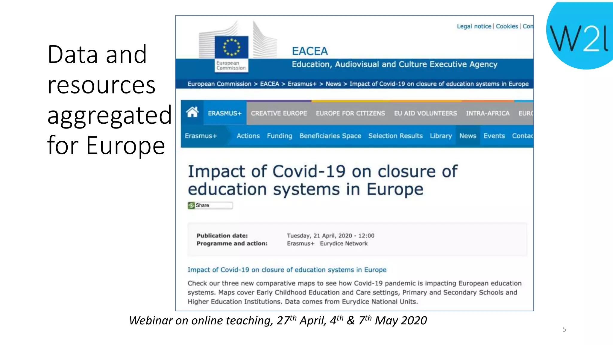 Webinar on online teaching, 27th April, 4th & 7th May 2020
Data and
resources
aggregated
for Europe
5
 