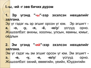 -ы, -ий -г зөв бичих дүрэм 1. Эр үгэнд "- ы "-ээр эхэлсэн нөхцөлийг залгана.  Эр үг гэдэг нь эр эгшиг орсон үг юм.  Эр эгшигт -  а, -о, -у, -я, -ё, -ю/у / үсгүүд орно. Жишээлбэл:  анхны, хоолны, улсын, яамны, юмыг, оёдлын 2. Эм үгэнд "- ий "-ээр эхэлсэн нөхцөлийг залгана.   Эм үг гэдэг нь эм эгшиг орсон үг юм. Эм эгшигт  - э, -ө, -ү, -е, -ю/ү / үсгүүд орно. Жишээлбэл:  эхний, өвөөгийн, үеийн, Юүдэнгийн 